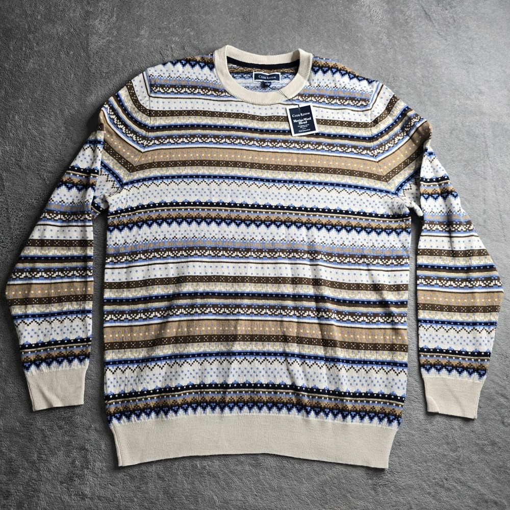 NWT Club Room Fair Isle Sweater Mens Large Merino Wool Blend Crew Neck Pullover